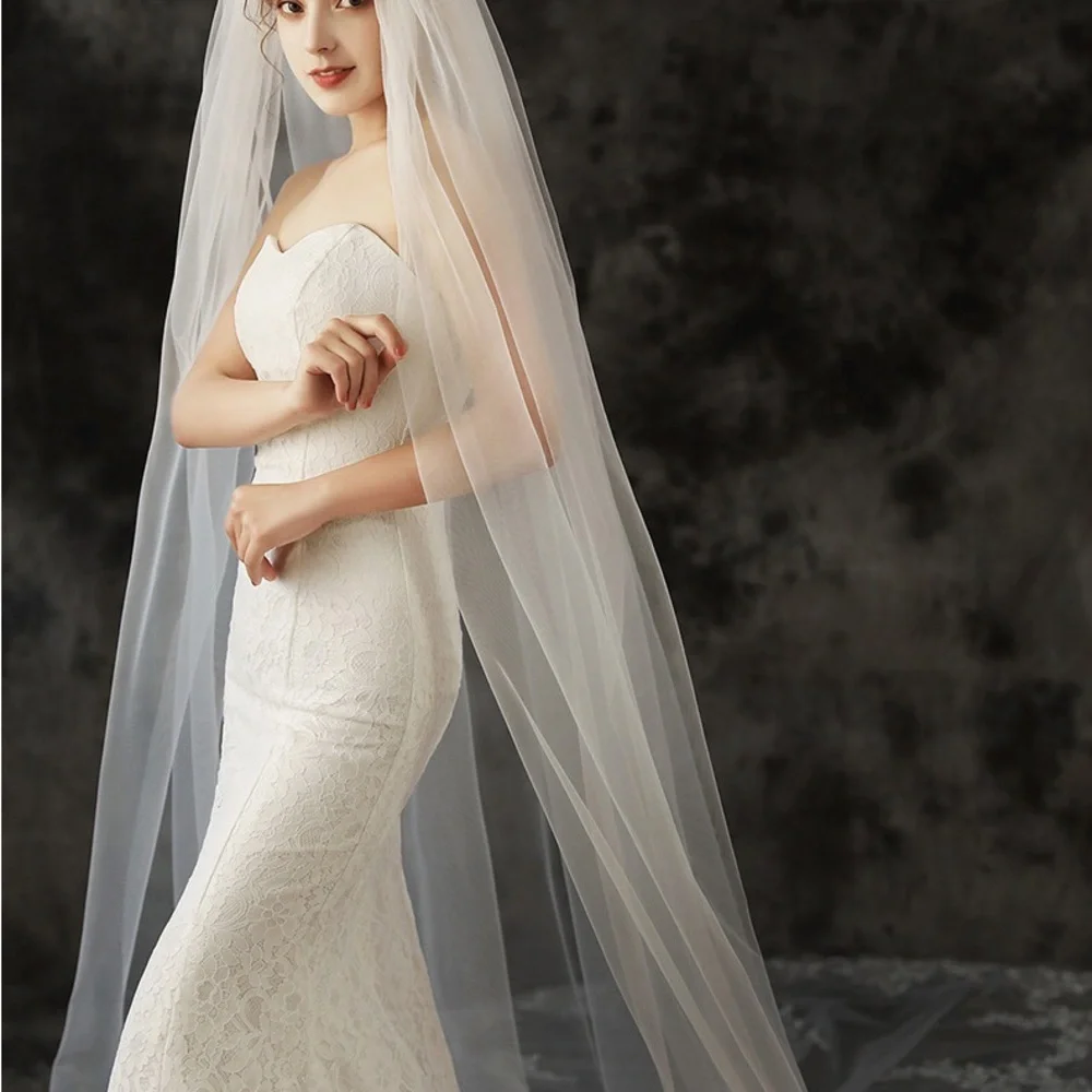 Elegant Long Bridal Veil with Lace Appliqué